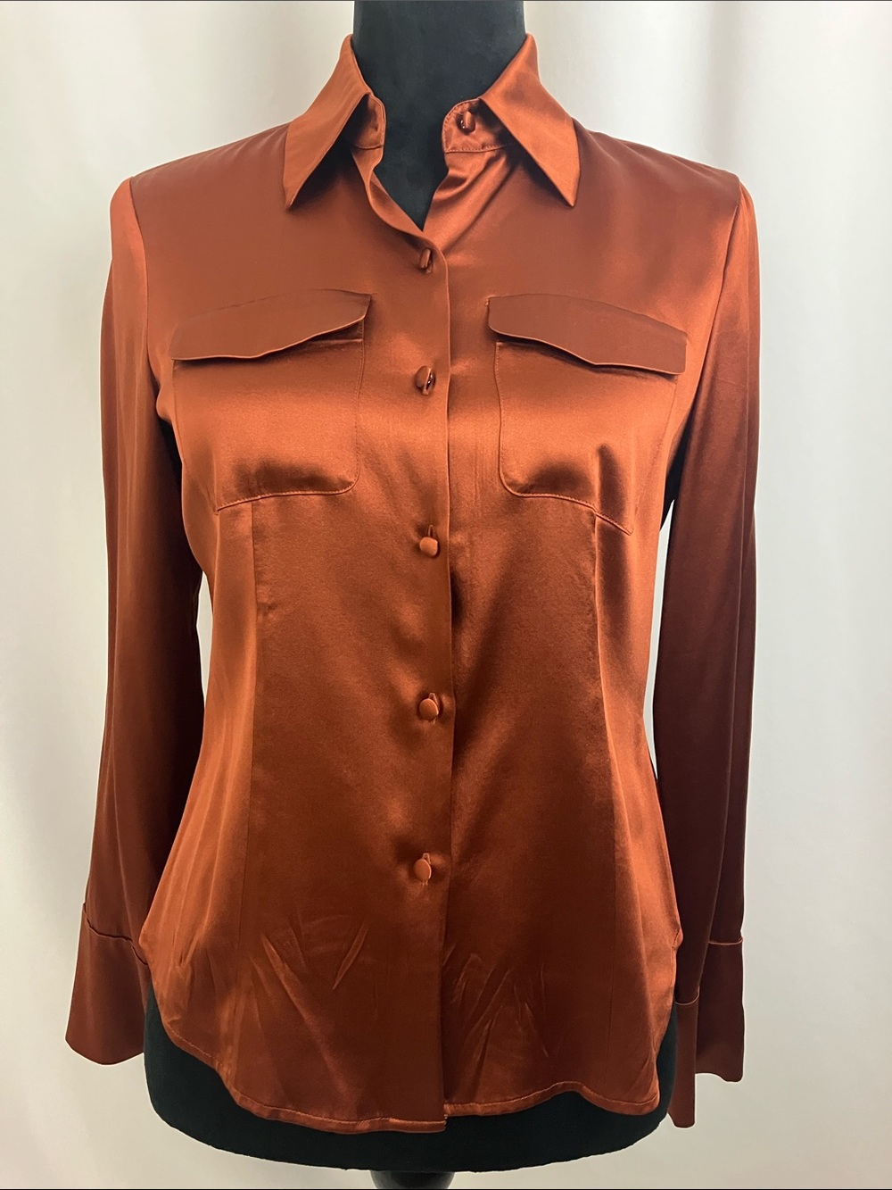 Rust Button-Front Silk Blouse Women’s Size Small